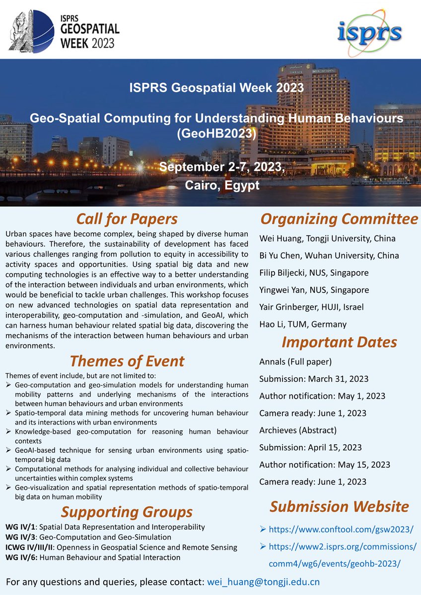 The deadline for #ISPRS GSW full paper submission is approaching. If you are planning to submit one to GeoHB2023 workshop, please do it by March 31. You still got some time for abstract submission, which will be closed on April 15. gsw2023.com