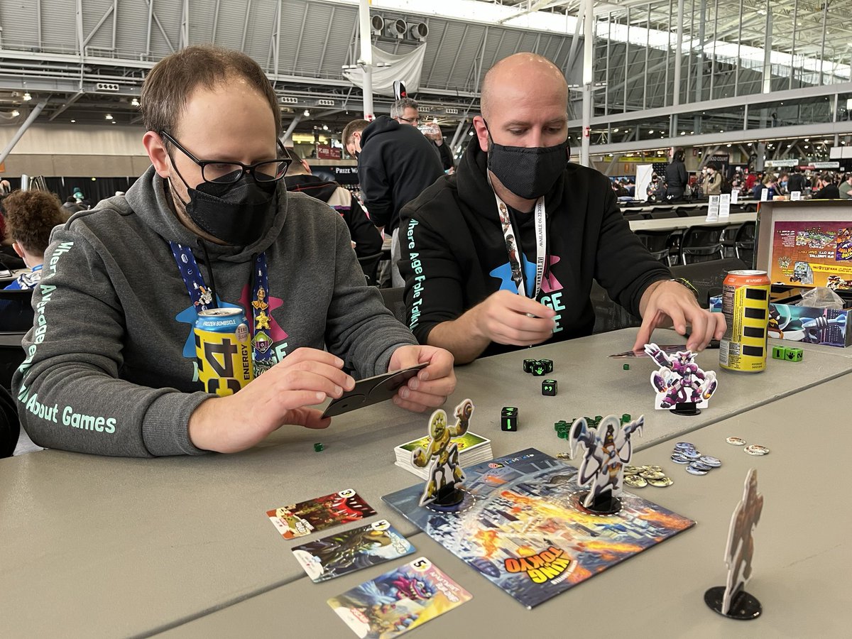 AverageMeeple's tweet photo. Last day of #PAXEast! Demoed @FloodgateGames Fog of Love, played some @IelloUSA King of Tokyo IRL after playing on @BoardGameArena for months, and can’t have a PAX without @SJGames Zombie Dice. We’ll see where the last few hours take us. https://t.co/zdGzUGAoSL