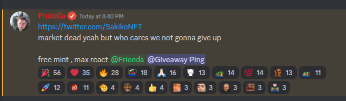 market dead yeah but its always bull in <a href="/NFTFRIENDSALPHA/">NFT Friends Alpha</a> it's Sunday and legit 60 people in chat chilling and vibing and giveaways, hard work pays off 🚀