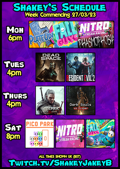 ShakeyJb's tweet photo. Final week of March!
4 streams - packed to the BRIM with sauce!💦
BONUS Monday Multiplayer stream!

x2 giveaway spins this week!🎁
First ShakeSTAR of 2023 announced!🌟
BIG chonk of community games🧩

https://t.co/gIT9yvCgIM

#twitchstreamer #StreamersConnected #nitropartner https://t.co/dqIfTSBaUq