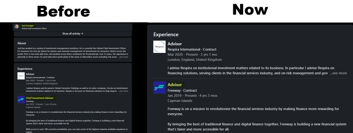 Now that you mention it, looks like Joel Kruger downgraded his own involvement with <a href="/FreewayFi/">Freeway</a> recently. He went from being the "Chief Investment Advisor" to "Advisor". He also made sure you all know that he is just under "contract". $FWT