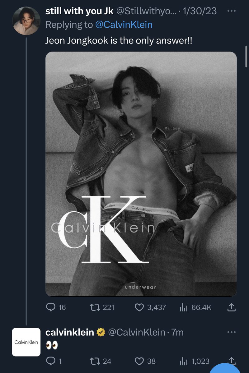 nygmahopee's tweet photo. la cuenta de calvin klein comenzó a seguí la cuenta de bangtan en instagram y además estuvo reponiendo muchos comentarios donde preguntan si jeon jungkook sería parte de la marca https://t.co/L4LorFqSlK