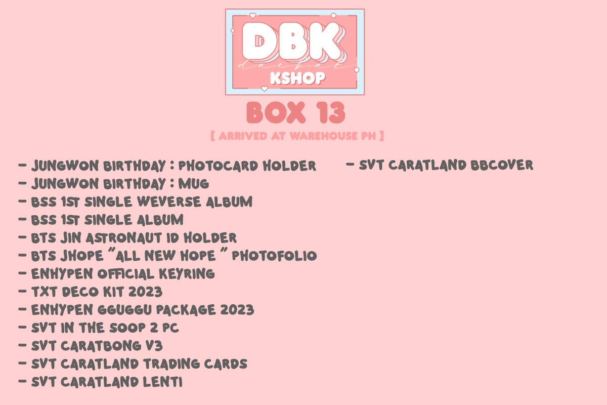 dbkshop's tweet photo. #DBKShopUpdates

Items under BOX 13 are now in Warehouse PH. We are still monitoring for delivery/shipment in our PH Address.

We will now starting sending invoice by tomorrow.

I'm sorry po, it should be last week pa. We promise to send it po by tomorrow.

Thank You! https://t.co/AMKxFFr8oZ