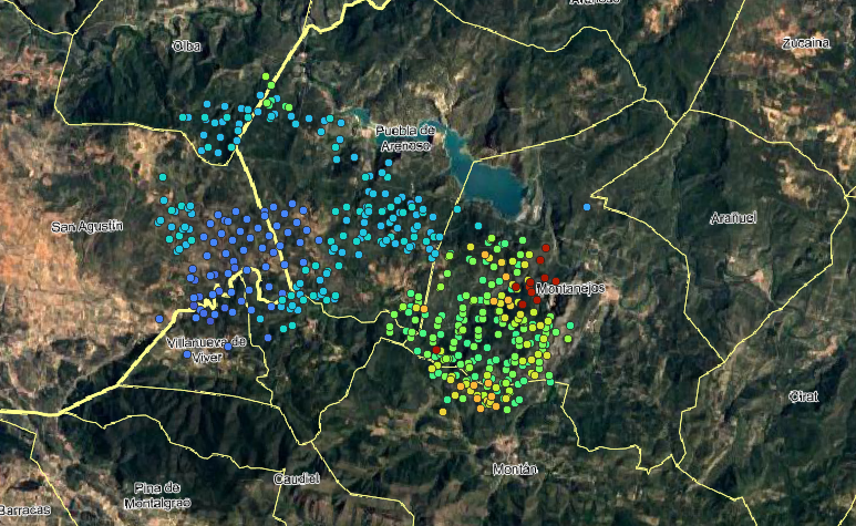 Hotspots detectados por MODIS (15:55pm) y VIIRS (14:34pm), "parece" que se ha reactivado el flanco izquierdo de la cabeza del incendio. #IFVillanuevaViver #IIFF