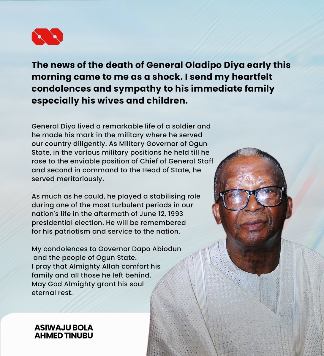 officialABAT's tweet photo. The news of the death of General Oladipo Diya early this morning came to me as a shock. I send my heartfelt condolences and sympathy to his immediate family especially his wives and children. https://t.co/Fs38D3wzp1