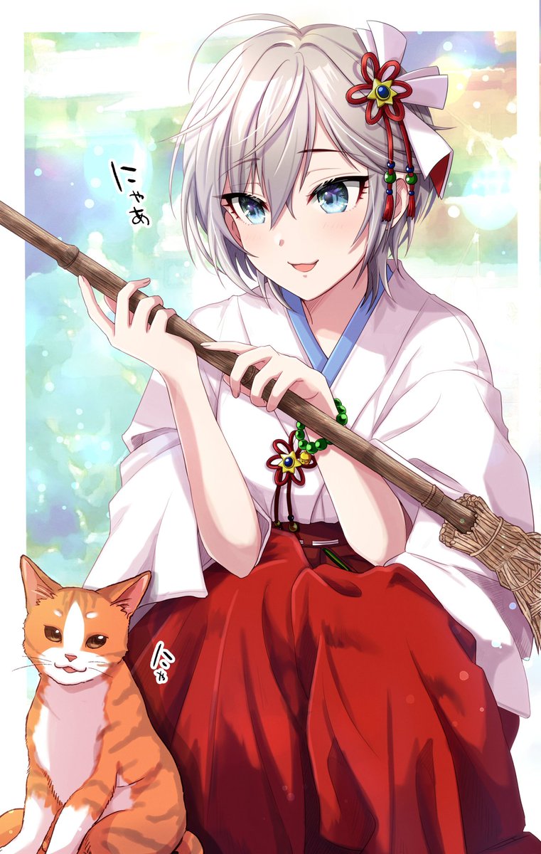 anastasia (idolmaster) 1girl japanese clothes cat broom blue eyes short hair grey hair  illustration images