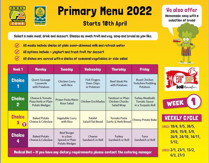 Here are the menus that will be available @FuelZoneGlasgow for the last week of term. Please remember to pre-order your child’s meals via @ParentPay. #SchoolLunches