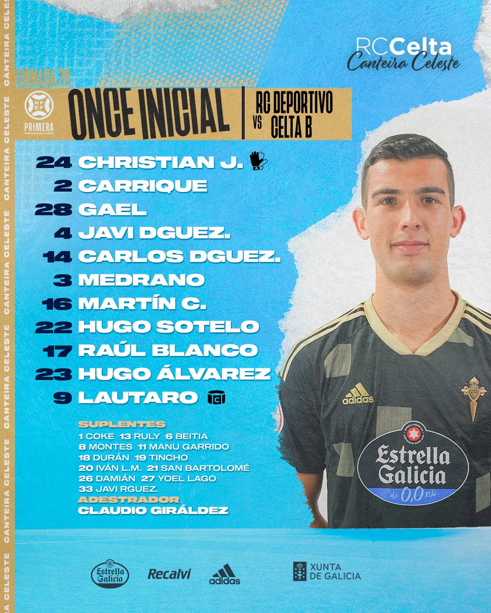 CanteiraCeleste's tweet photo. 📋✅ O noso 𝗫𝗜 inicial 🆚 @RCDeportivo!
#DéporCeltaB #PrimeraFederación https://t.co/AQAdkRvPZF