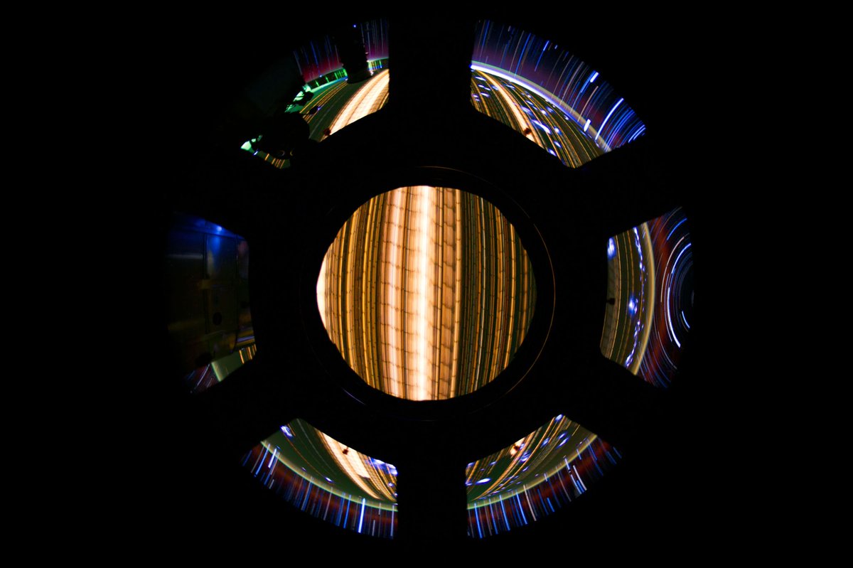 Timelapse stack of 40 #Astrophotography images taken from my previous mission to the <a href="/Space_Station/">International Space Station</a>. This is a fisheye view from the Cupola, the largest window on board. Below, city lights flow as orange streaks, faint star trails in the lower left show orbital motion.