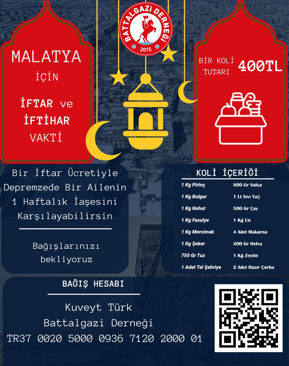 📍Malatya için iftar ve iftihar vakti..!

Bir iftar ücreti ile depremzede bir ailenin bir haftalık iaşesini karşılayabilirsiniz.

1 gıda kolisi bağış bedeli *400₺*

*Battalgazi Derneği* (Kuveyttürk İban Numarası)
TR37 0020 5000 0936 7120 2000 01
