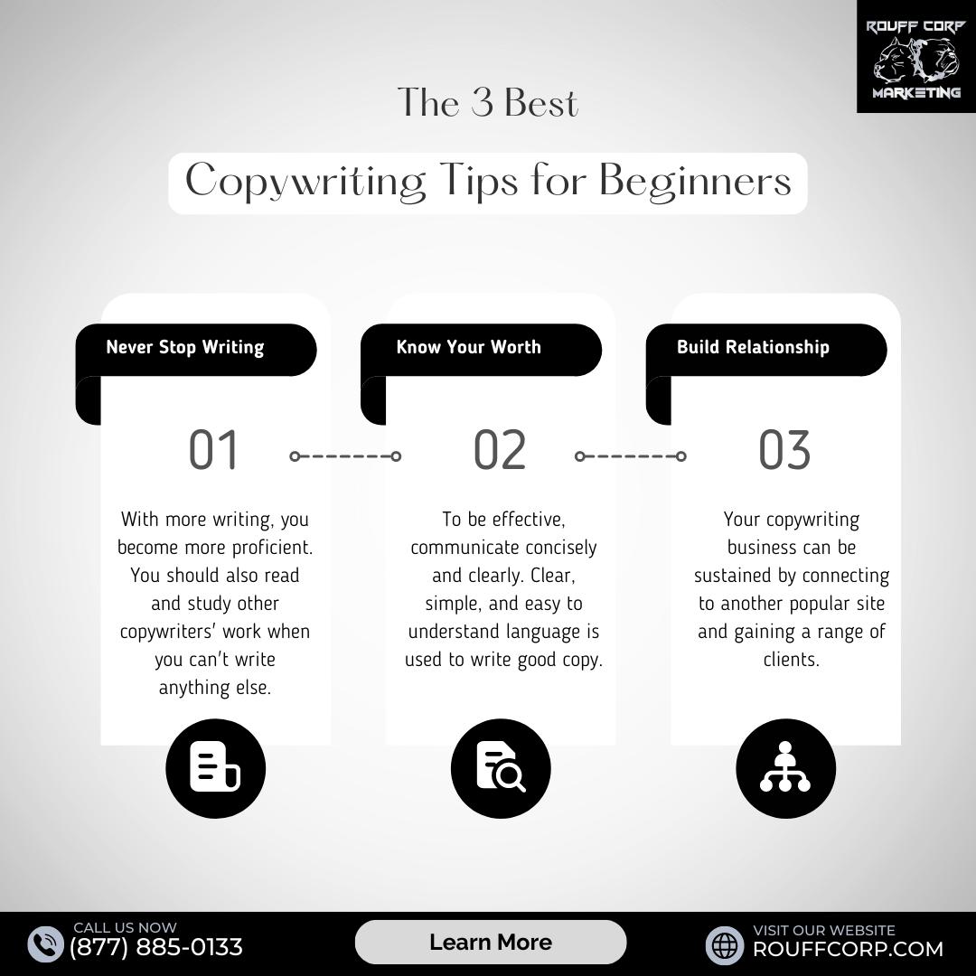 RouffCorp's tweet photo. #RouffCorp wants to share with you the 3 best #copywriting tips for beginners:
โจ Never stop writing
โจ Know your Worth
โจ Build Relationship
Want to learn more tips? Collaborate with us today! https://t.co/4SSbKTiUbF