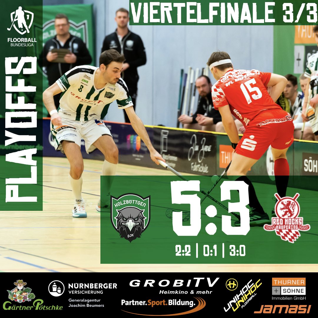 Die DJK hat den Einzug ins Halbfinale perfekt gemacht. In einem spannenden Spiel vor über 250 Zuschauern in der Stadtparkhalle Kaarst setzten sich die Grün-Weißen gegen die Red Hocks durch.
Nun wartet Rekordmeister Weißenfels auf Holzbüttgen.