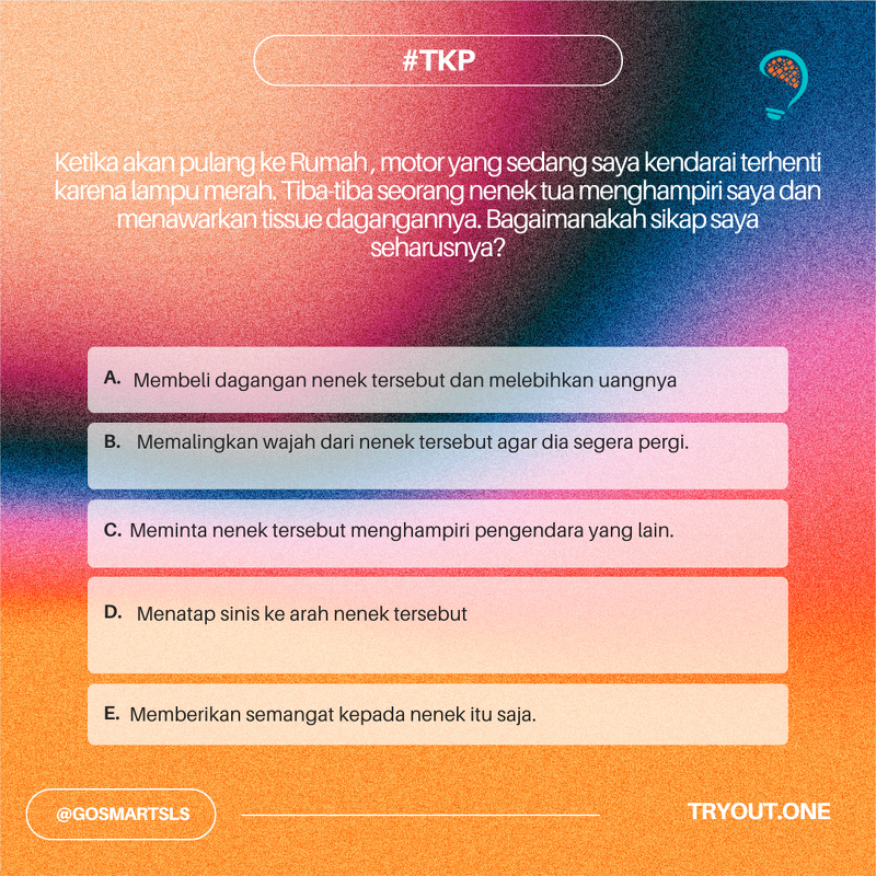 immermanalu's tweet photo. Soal #tkp
Coba kak, apa ini kira2 jawabannya?
.
.
Ayo latihan dan tryout terupdate, cek kak di https://t.co/5pW6LxaLKG
Semangat!

#soal #tryout #skdcpns #cpns #cpns2023 #seleksicpns #tryoutcpns #soalskdcpns https://t.co/LrPltb0spo