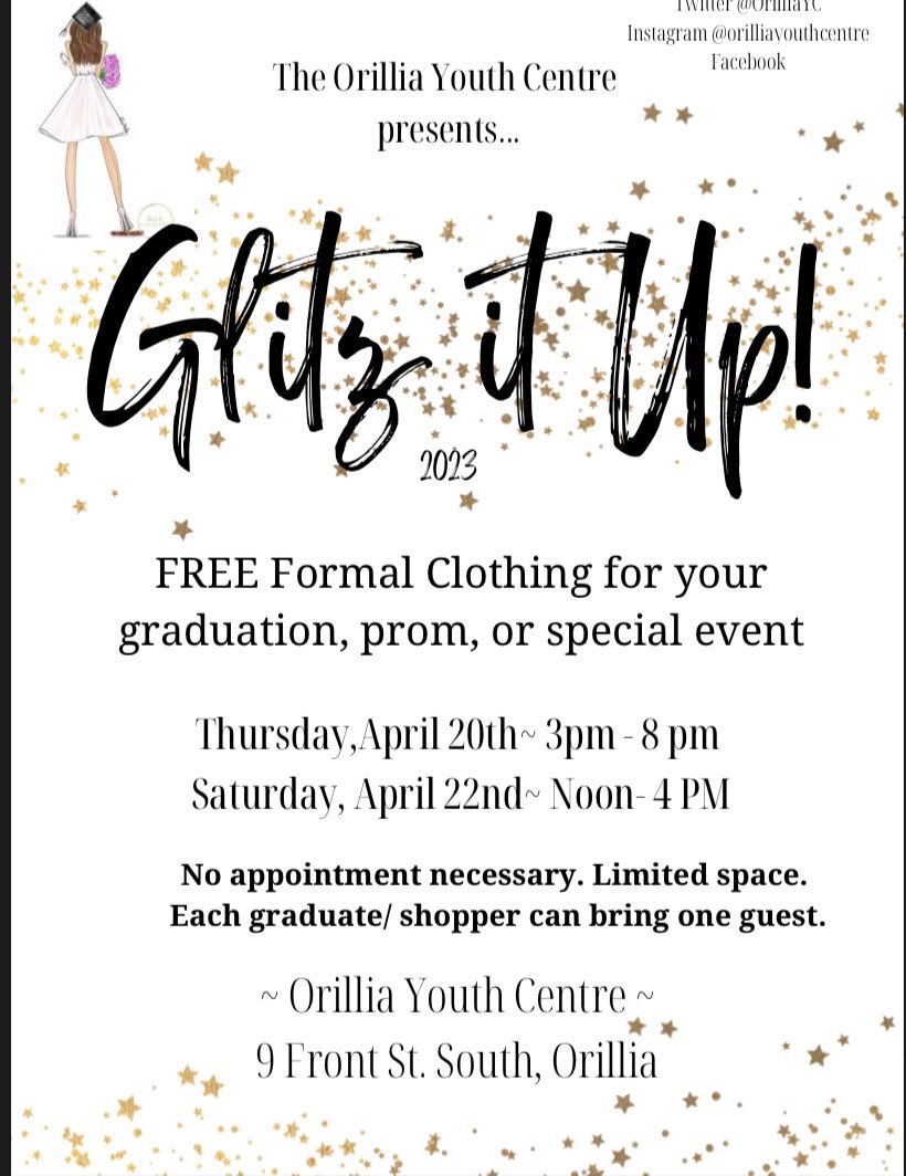 Mark your calendars as Glitz it Up! is back for two days in April. 

Grateful to all who support and make this happen.

#orillia #youth #orilliayouthcentre #glitzitup #formalwear #community 

@Ms_J_Richardson