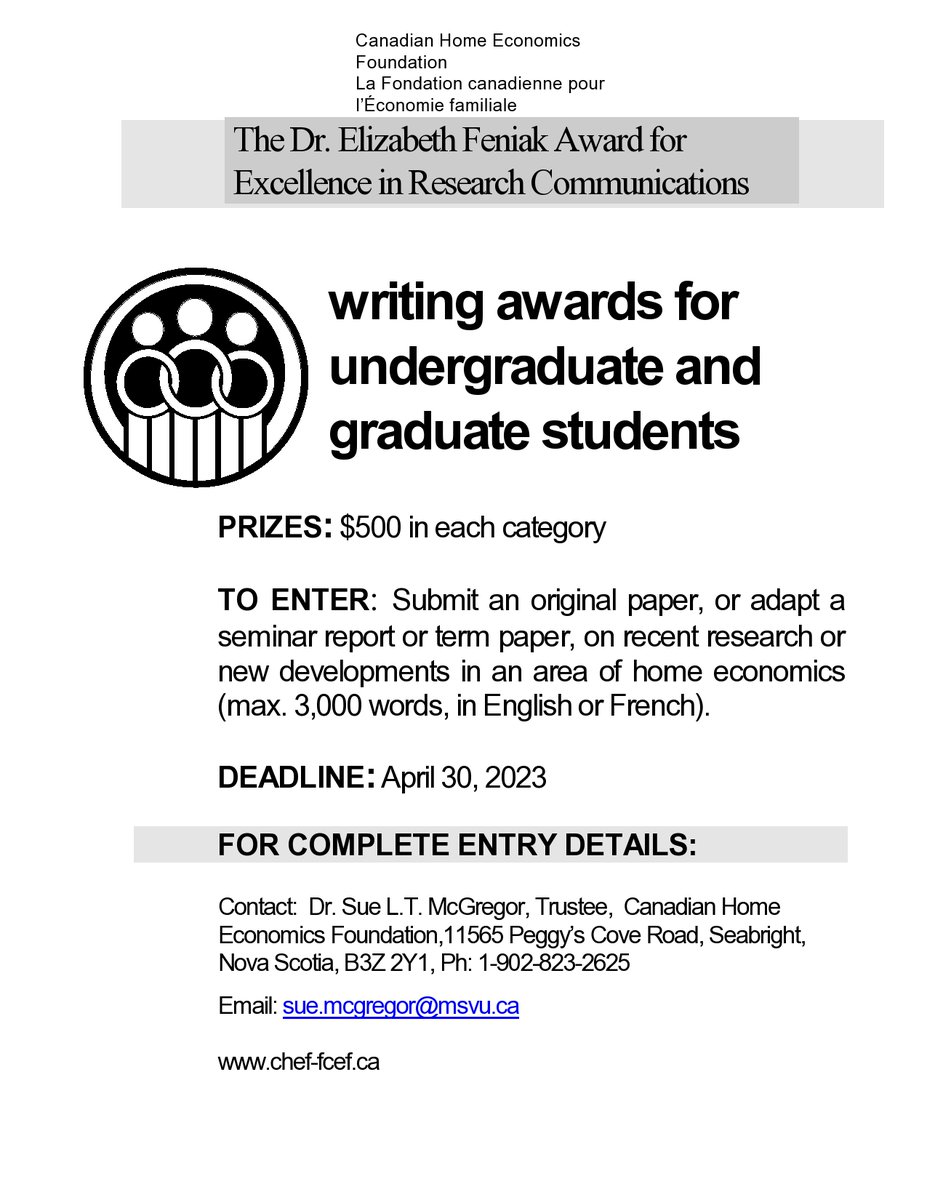 Award Alert! We are now accepting applicants for the Dr. Elizabeth Feniak Award for Excellence in Technical Writing! It is for 3rd/4th year undergrads and those in grad studies in #HomeEconomics at Canadian universities. Deadline is on 30 April 2023! Info:
chef-fcef.ca/grants/dr-eliz…
