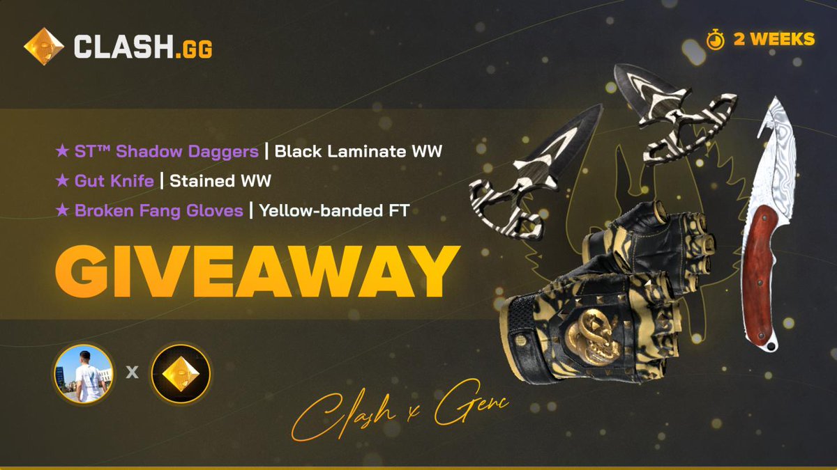 🚨 GIVEAWAY 🚨 3 Items 

 ★ ST Shadow Daggers | Black Laminate 
★ Gut Knife | Stained                                  
★ Broken Fang Gloves  | Yellow Banded
Follow 
<a href="/gencselmanni/">genc</a>
and 
<a href="/clashdotgg/">ClashGG</a>

 RT + Like - Roll in 8 April Saturday < twitch.tv/gennci