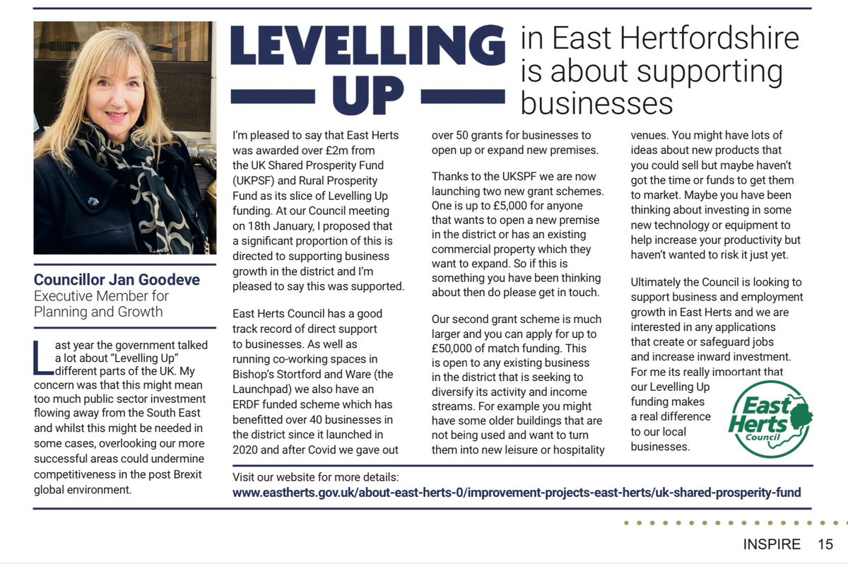 Article in the current edition of the #Hertfordshire Chamber of Commerce Magazine @HertsChamber 

#grants #eastherts #sharedprosperityfund #business #opportunity