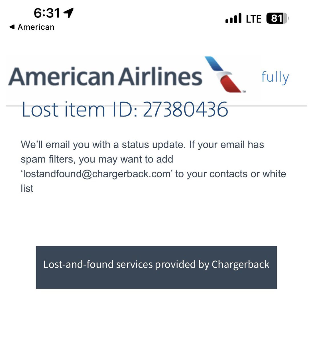 VTGRAD2X's tweet photo. @AmericanAir following up on this lost item 27380436 reported yesterday from Flight AA607 from CLT —> MSY https://t.co/OFFn41hpxU