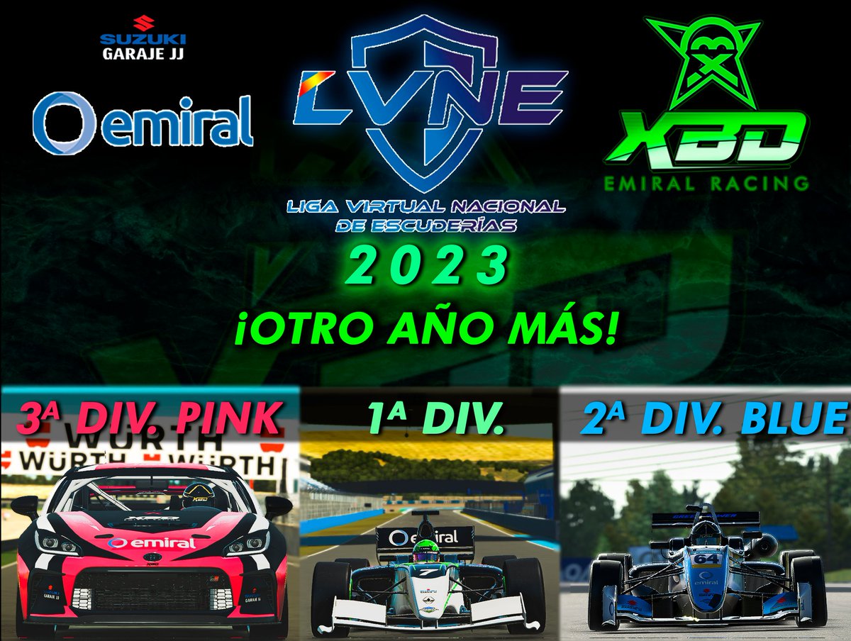 🔥Comenzamos un nuevo camino en la #LVNE de @DriversparadeC 🔥

Estaremos presente en las tres divisiones:

🟩 1° Div - Equipo Principal
🟦 2° Div - Equipo Blue
🩷 3° Div - Equipo Pink (Machotes team)

¡Comenzamos mañana! #GoXBD