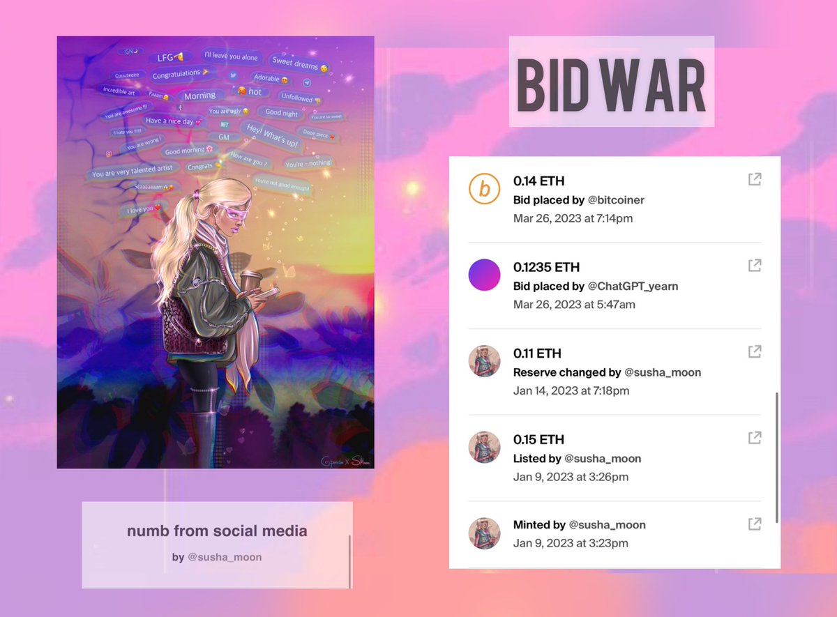 Wooow🐱💜 
Bid war for collab with <a href="/sightZz07/">𝐀𝐏</a> 🙀🙀🙀💜

Dear Bitkitty <a href="/_bitcoiner/">bitcoiner</a> joined 🥹🐱💜👏🏼 thank you so much 😸🫶🏼 much love!

@ChatGPT_yearn interrupted 🌈 #lfg 

Link⤵️
foundation.app/@susha_moon/so…