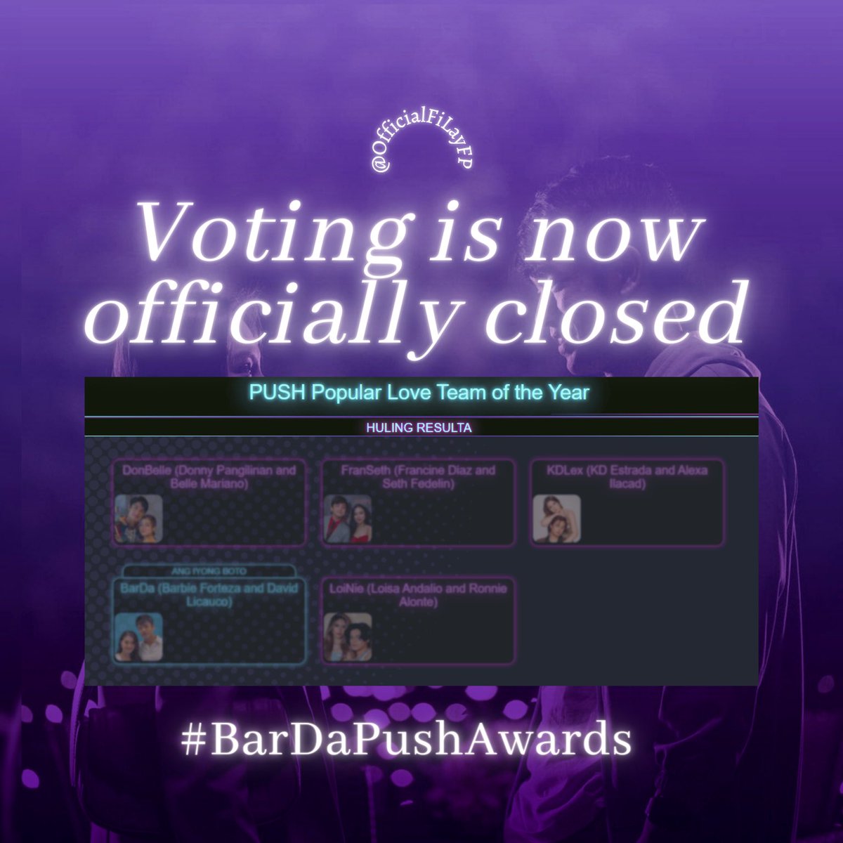 OfficialFiLayFP's tweet photo. VOTING IS NOW OFFICIALLY CLOSED
Thank you everyone for supporting #BarDa on Push Awards!
We really appreciate your efforts!
Announcement of winners will be on March 31.
Letβs hope for a fair and square result.
#BarDaPushAwards
#DavidLicauco #BarbieForteza
#FiLay https://t.co/VBRfuqmr3v