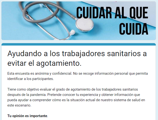 Si eres trabajador sanitario y tienes 5 minutos para responder esta encuesta para dimensionar el grado de motivación que tenemos en la actualidad en nuestras organizaciones, te agradezco la contestes:
forms.gle/2uQxE6zHkEjsTq…
Compártela y difúndela. ¡Muchas gracias por tu tiempo!