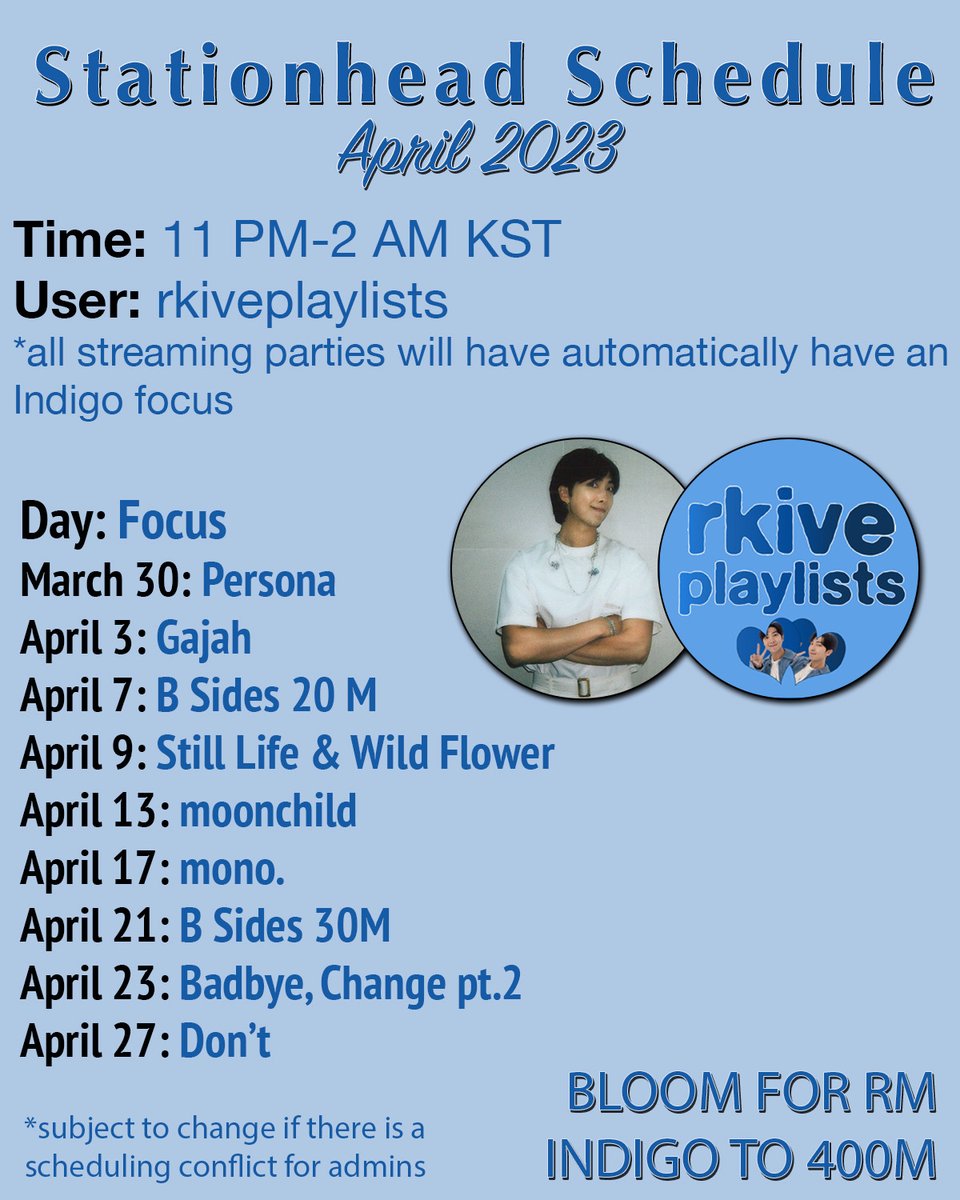 rkiveplaylists's tweet photo. rkiveplaylists💙 Stationhead Schedule for April 2023.

🔗our stationhead: https://t.co/Q0GjsuqVAQ https://t.co/8I0ezpjiVb