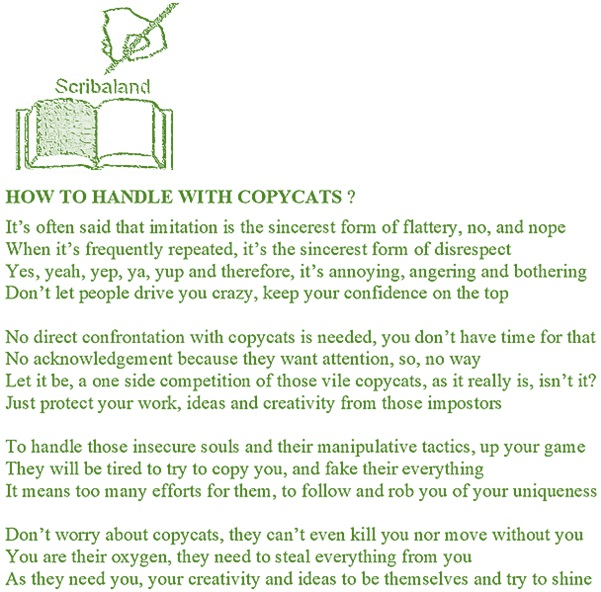 scribaland's tweet photo. #Scribaland HOW TO HANDLE WITH COPYCATS?
Dry up their source of inspiration!#lyrique #lyriques #maitre #maitres #maitresse #web #maitresses #maisondedition #maisonsdedition #manuel #manuels #manuscrit #manuscrits #maternelle #maternelles #matiere #matieres #memoire #memoires #mot https://t.co/lzMRcu3FRK