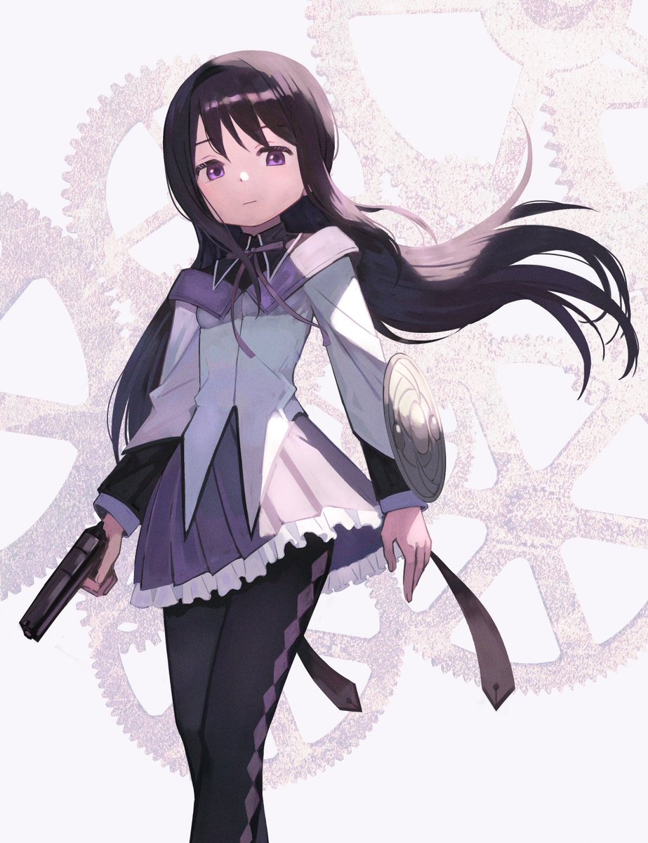 akemi homura 1girl solo long hair black hair pantyhose weapon gun  illustration images