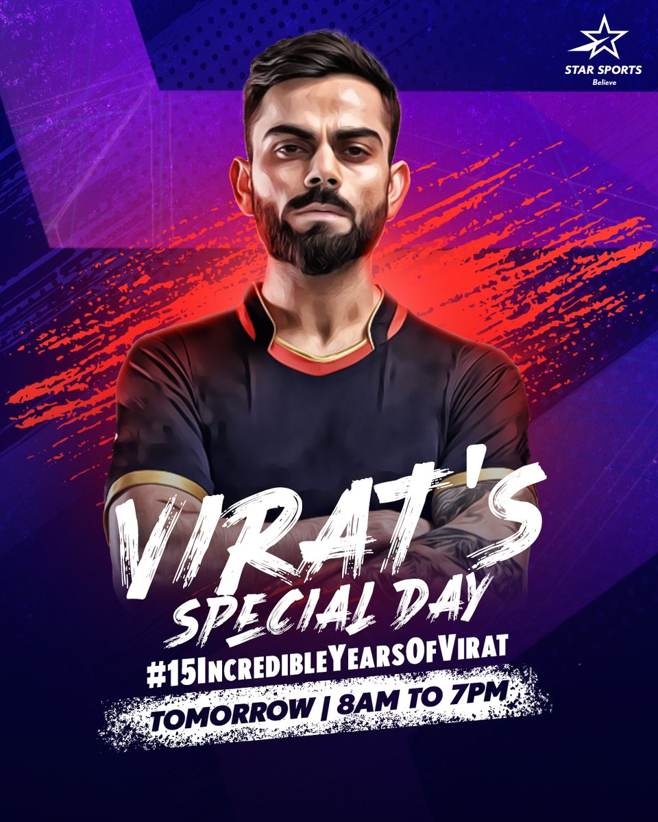 StarSportsIndia's tweet photo. Followers of the king, tomorrow is dedicated to you! 🫵 Enjoy a whole day dedicated to Virat's exploits in Bangalore's famous red jersey!

Tune-in to @imVkohli's Special tomorrow, from 8 AM to 7 PM, only on Star Sports Network.
#ShorOn #GameOn #IPLonStar #StarsOnStar https://t.co/dg6XOIC7Cr