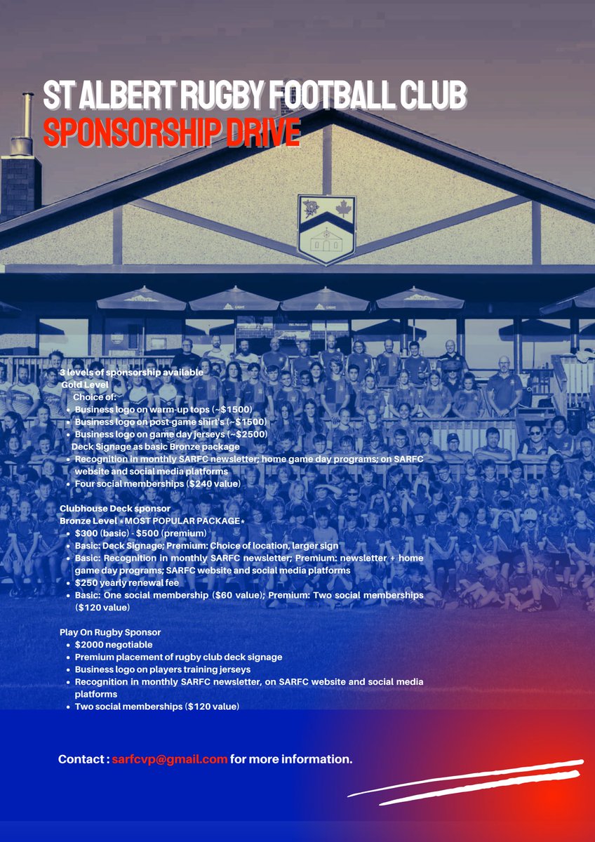 The St. Albert Rugby Football Club is looking for additional sponsors to help continue the growth and development for the future generations of our club, as well as help fund new jerseys and kit for our players.  Reach out if you’re interested or have questions!
