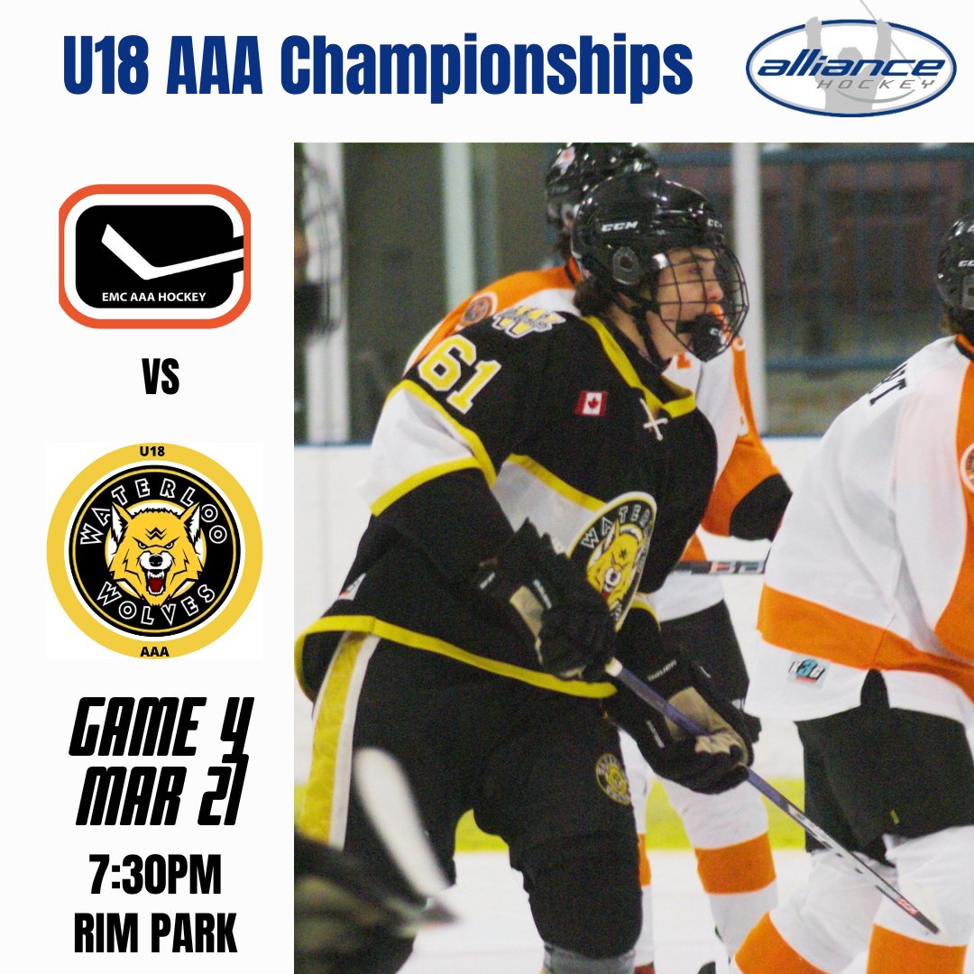 watwolvesu18aaa's tweet photo. Game 4 of @ALLIANCE_Hockey U18 AAA Championship series between Waterloo and Elgin-Middlesex is March 27 at RIM Park. Puck drops at 7:30pm. Let's pack Pillers Monday night and support our Wolves! #packpillers #hockey #playoffs @Waterloo_Wolves 🐺#minorhockey #kwawesome https://t.co/GHGoRGf5uW