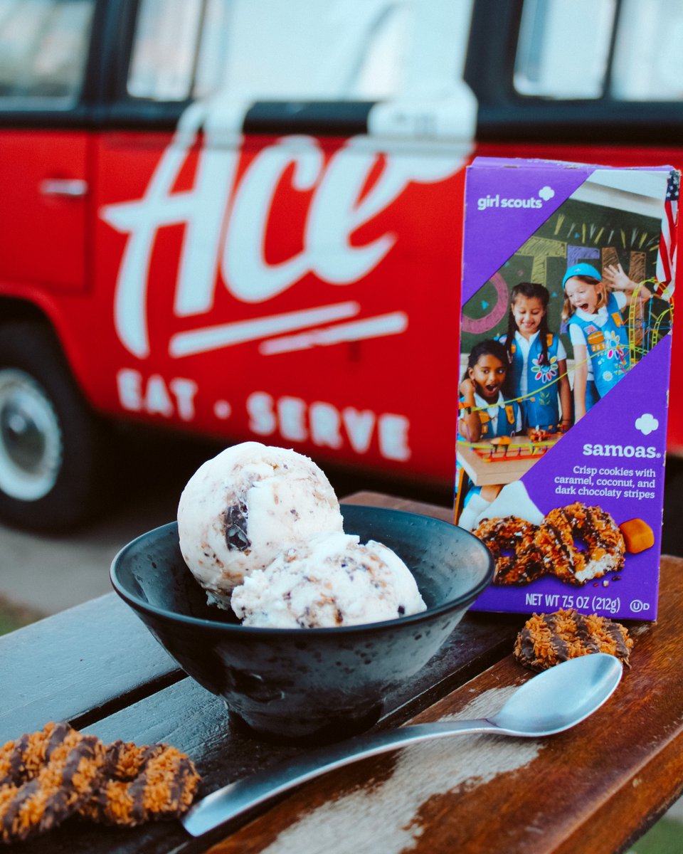 Still looking for Girl Scout Cookies? 
We got you covered, we turned them into ice cream!
.
Samoas Ice Cream is on the menu and for cause. All proceeds for every scoop sold are going back to the Girl Scout Troop, to be donated to a charity of their choice. 
.
Dessert for a Cause.