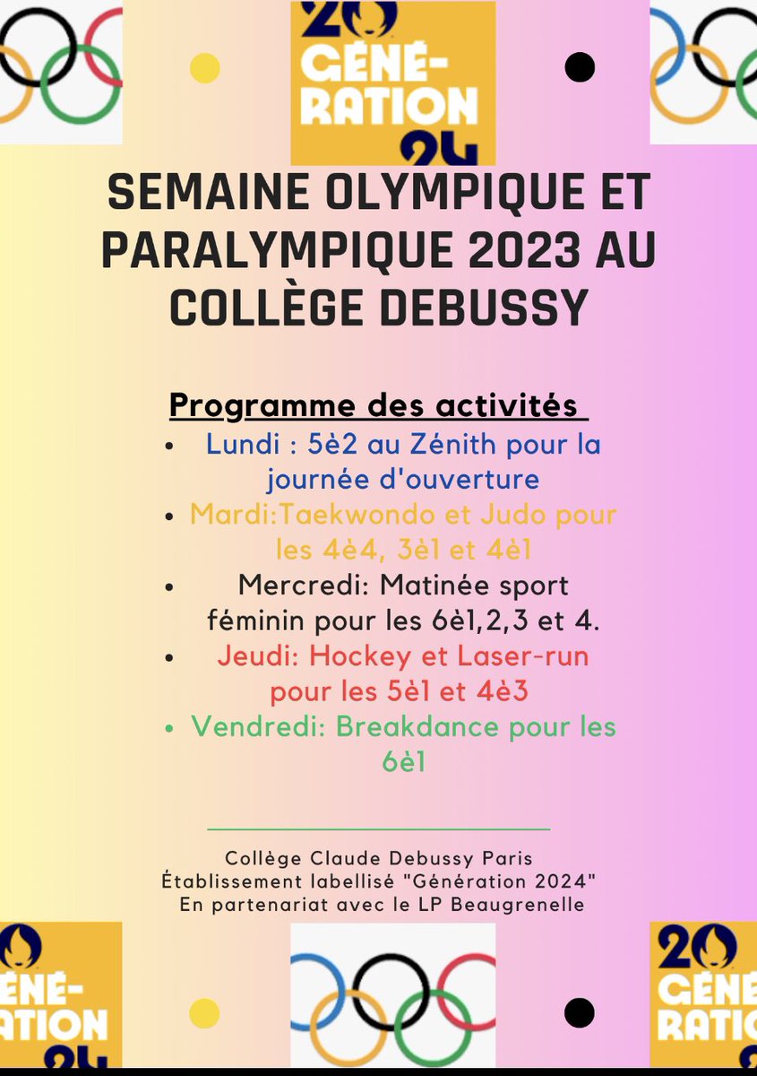 Debussy75015's tweet photo. #Paris2024 collÚge Debussy labellisé #generation24 @Academie_Paris notre programme pour la #SOP https://t.co/NIjfMarg0m