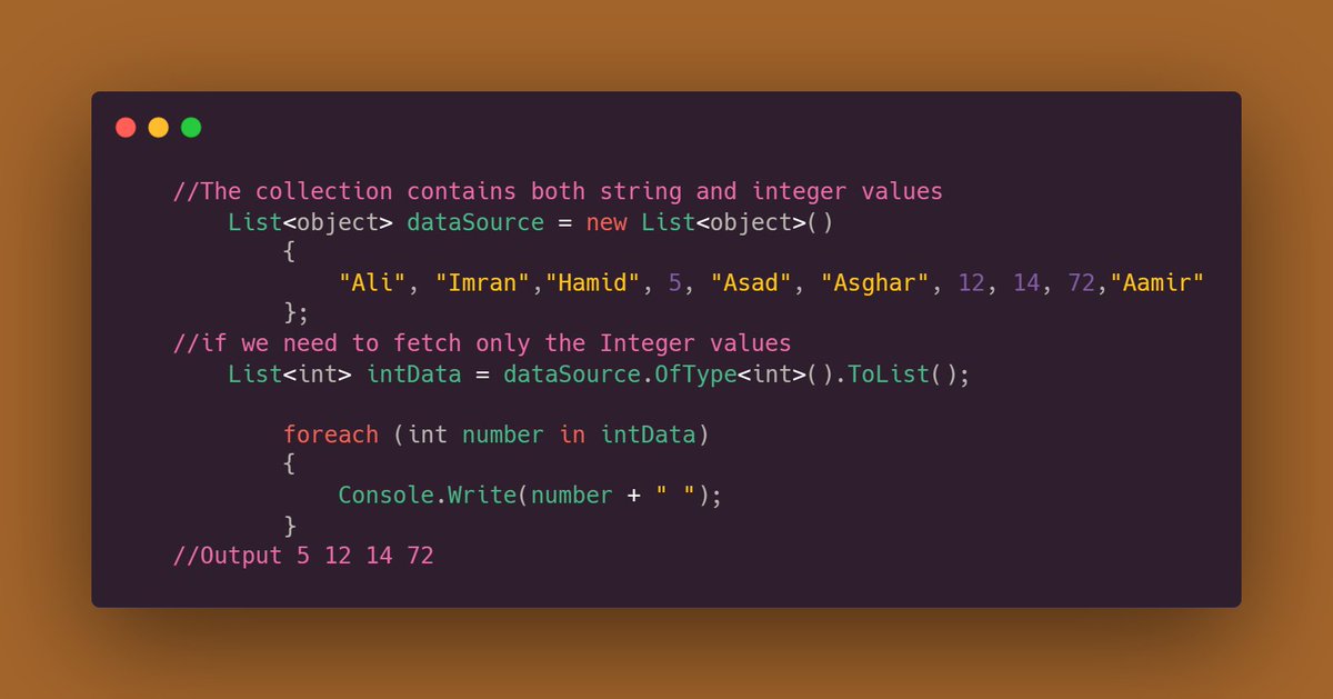 Syntax_stories's tweet image. The OfType operator in LINQ is used to filter a sequence based on a specified type.
#csharp #dotnet #linq