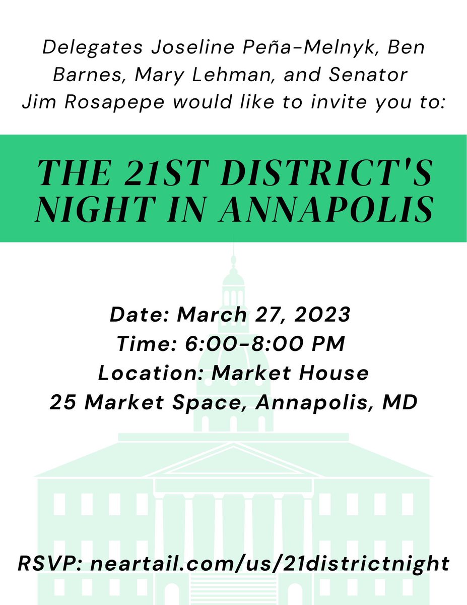 We are looking forward to seeing everyone tomorrow for our annual Night in Annapolis dinner reception! #Laurel #Beltsville #CollegePark #Adelphi #WesternAnneArundel RSVP: neartail.com/us/21districtn…