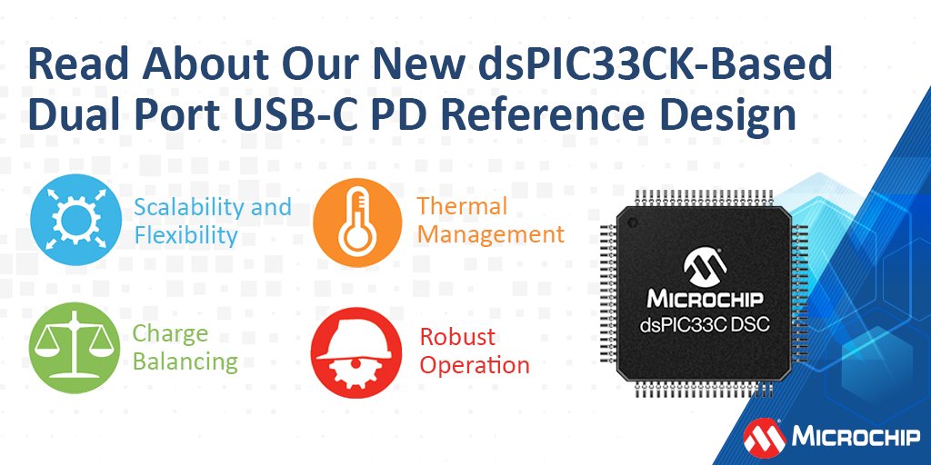 MicrochipTech's tweet image. Read how our new dsPIC33CK based USB-C PD solutions enable implementation of USB 3.0 support, highly flexible software and features such as charge balancing, configurable thermal management and protection functions: mchp.us/3l2rXLd. #usbcharger #microcontroller #usbc