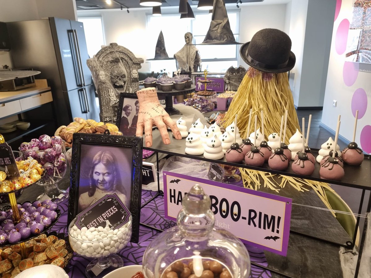 KeyserZachary's tweet photo. Kind of sad I missed the Purim vibes earlier this month :) The decorations were the best kind of creepy, and the treats were to die for. Thanks to our awesome team for always making holidays in the office special. ☠️👻🎉 https://t.co/7M1QDUNYU6