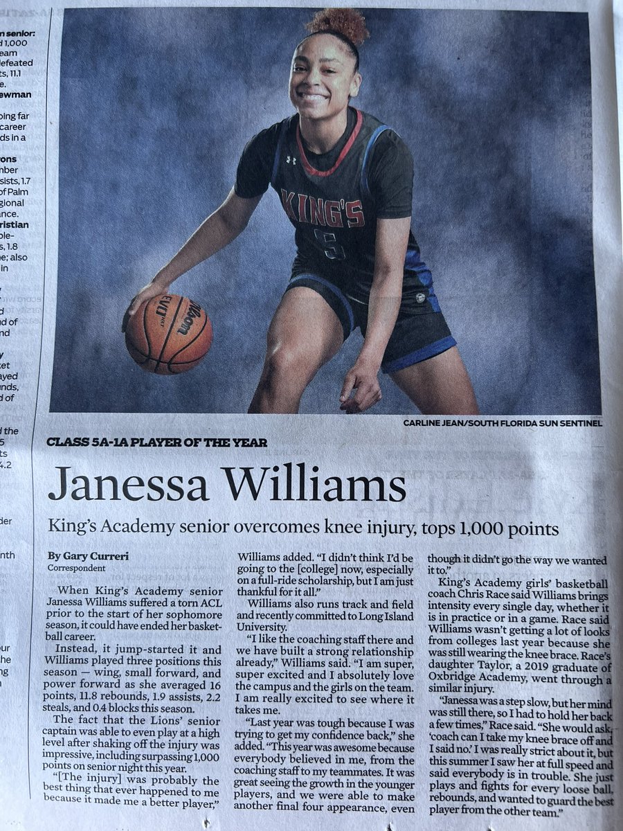 Chris Race (@coachrace33) on Twitter photo Congrats to 2023 Janessa Williams for being selected Player of the Year by The Sun Sentinel. <a href="/jayecelin3/">Janessa Williams</a> <a href="/Sentinel_Sports/">Sun Sentinel Sports</a> <a href="/TKALions/">The King’s Academy Athletic Dept.</a> <a href="/EraPrep/">New Era Prep</a> <a href="/PGHFlorida/">Prep Girls Hoops Florida</a> <a href="/tkalionsgirlsbb/">TKALionsgirlsbball</a> @Chris_LIU_Dunn <a href="/CoachSteveGilb1/">Coach Steve Gilbert</a> <a href="/Rangeman_Films/">Films, Rangeman Media</a> <a href="/PBCBBallForum/">#PBCHOOPS</a> <a href="/SUTSReport/">SUTS Report</a> <a href="/MiamiSuns/">Miami Suns</a> <a href="/Team_Fowles/">Miami Suns Team Fowles</a> Congrats to 2023 Janessa Williams for being selected Player of the Year by The Sun Sentinel. <a href="/jayecelin3/">Janessa Williams</a> <a href="/Sentinel_Sports/">Sun Sentinel Sports</a> <a href="/TKALions/">The King’s Academy Athletic Dept.</a> <a href="/EraPrep/">New Era Prep</a> <a href="/PGHFlorida/">Prep Girls Hoops Florida</a> <a href="/tkalionsgirlsbb/">TKALionsgirlsbball</a> @Chris_LIU_Dunn <a href="/CoachSteveGilb1/">Coach Steve Gilbert</a> <a href="/Rangeman_Films/">Films, Rangeman Media</a> <a href="/PBCBBallForum/">#PBCHOOPS</a> <a href="/SUTSReport/">SUTS Report</a> <a href="/MiamiSuns/">Miami Suns</a> <a href="/Team_Fowles/">Miami Suns Team Fowles</a>