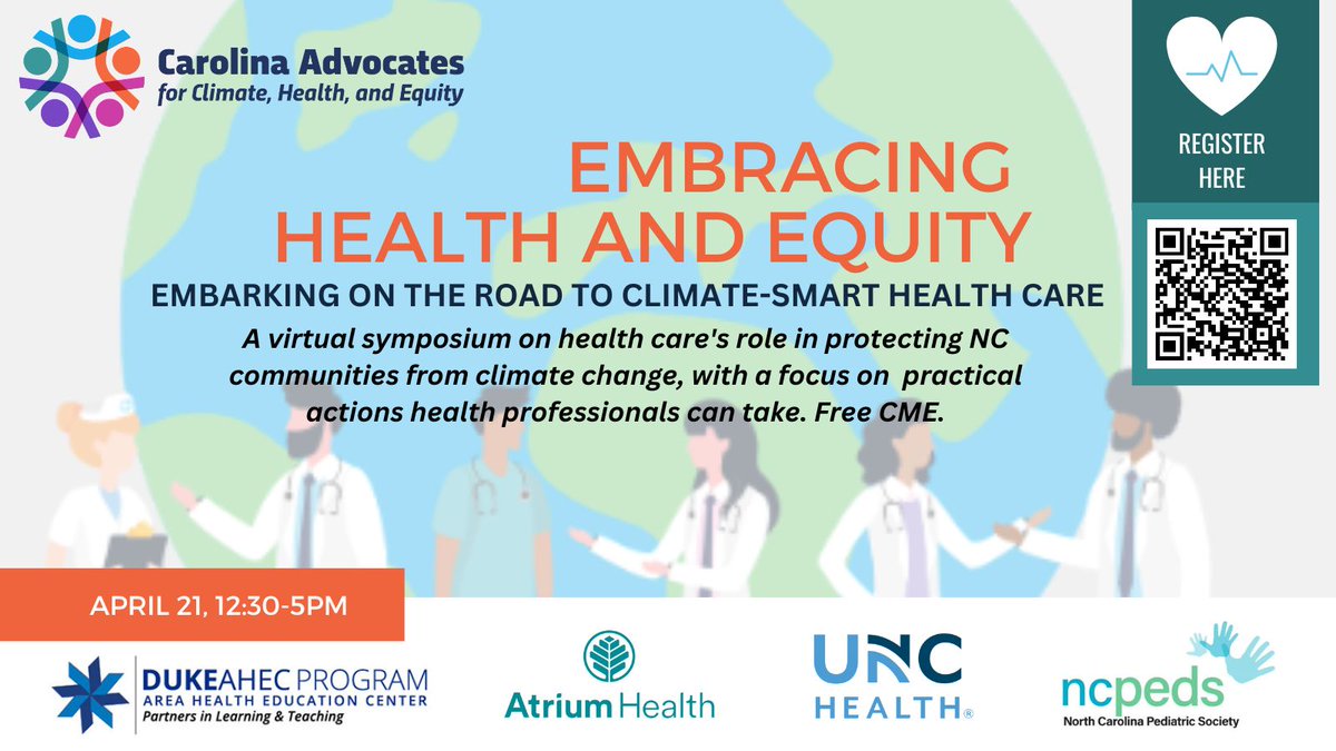 Carolina Advocates for Climate, Health, and Equity (@climatehealthnc) on Twitter photo Join us APRIL 21 for a virtual symposium on health care's role in protecting North Carolina communities from climate and air pollution. FREE CME.
Thank you to our sponsors <a href="/AtriumHealth/">Atrium Health</a> <a href="/UNC_Health_Care/">UNC Health</a> <a href="/ncpeds/">NCPEDS</a> <a href="/DukeAHEC/">Duke AHEC</a>
Register here ⤵️
nccliniciansforclimate.org/2023-symposium Join us APRIL 21 for a virtual symposium on health care's role in protecting North Carolina communities from climate and air pollution. FREE CME.
Thank you to our sponsors <a href="/AtriumHealth/">Atrium Health</a> <a href="/UNC_Health_Care/">UNC Health</a> <a href="/ncpeds/">NCPEDS</a> <a href="/DukeAHEC/">Duke AHEC</a>
Register here ⤵️
nccliniciansforclimate.org/2023-symposium