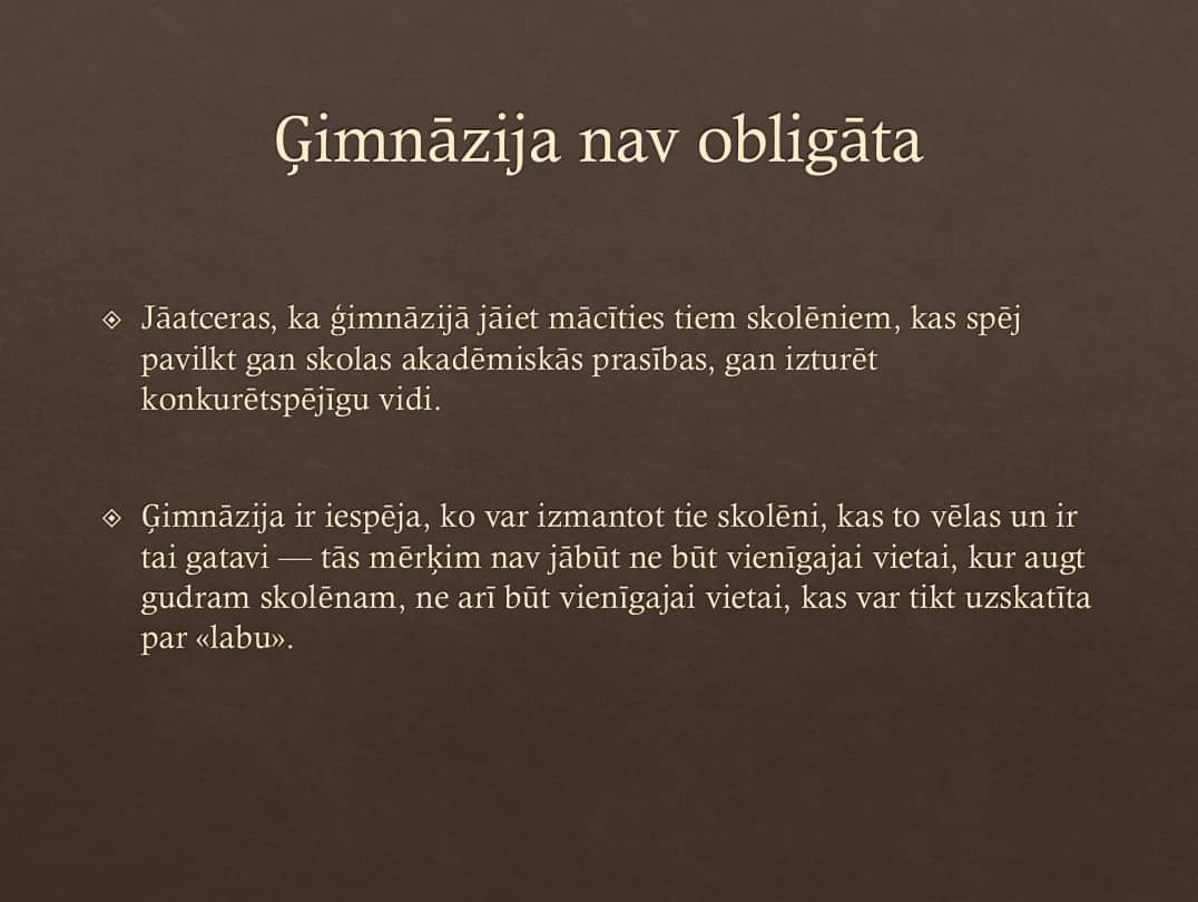 Es mīlu Pirmo, es mīlu iespēju runāt par lietām pēc būtības, es mīlu iespēju eksistēt ne tikai fiziskajā, bet arī prāta pasaulē, es mīlu Pirmās skolēnu garīgo visatļautību, es mīlu it visu, kas atļauj domāt, runāt un darīt. Mana aizstāvības runa ģimnāzijām un to eksāmeniem: