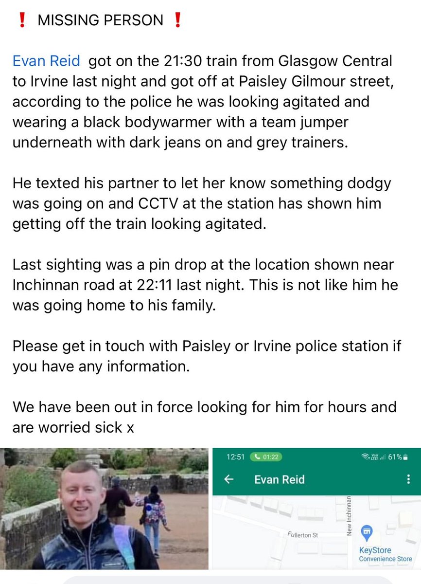 If anyone was in #paisley last night or saw Evan Reid anywhere, please share. Evan is a lovely lad with a young family and works incredibly hard 7 days a week. It is extremely out of character. Thank you #MissingPersonAlert #Irvine #policescotland