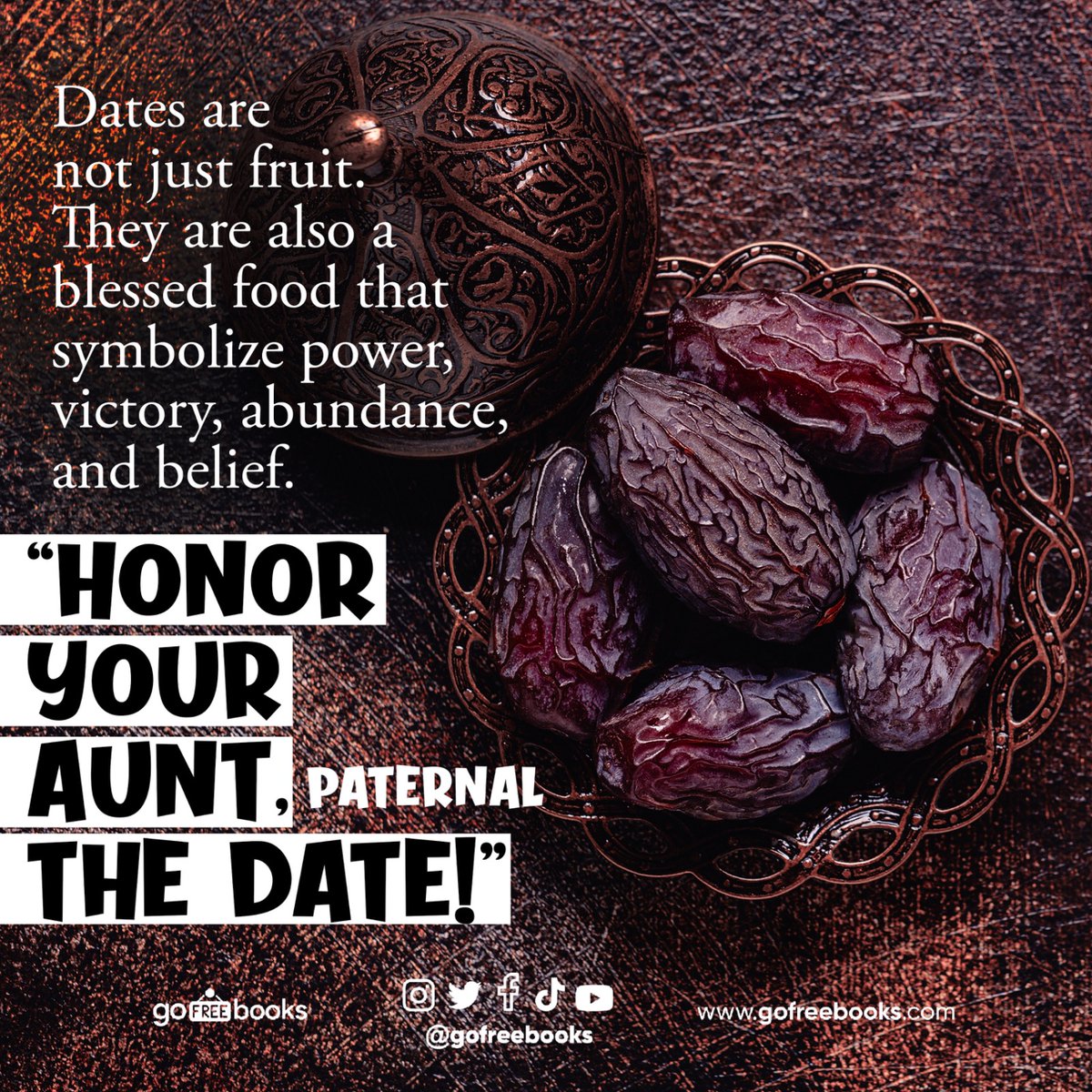gofreebooks's tweet photo. “HONOR YOUR (PATERNAL) AUNT, THE DATE!”
Dates are not just fruit. They are also a blessed food that symbolize power, victory, abundance, and belief.
#date #aunt #paternal #honor #dates #not #just #fruit #they #also #blessed #food #symbolize #power #victory #abudance #belief https://t.co/jp0jLuiLAY