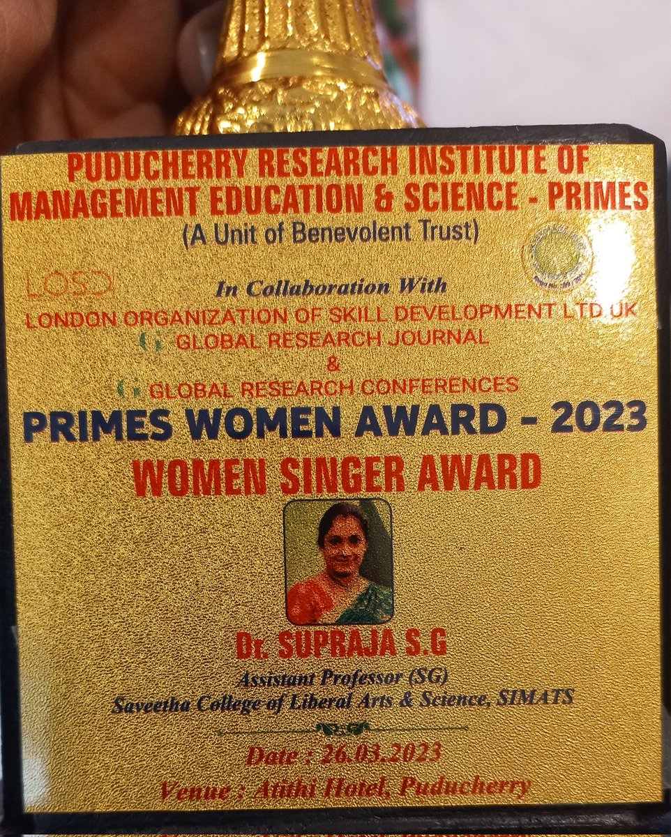 Drsuprajavenkat's tweet photo. Awarded with "Women Singer Award - 2023" during PRIMES Award for 2023 which was conducted at Pondy!

Organized by Puducherry Research Institute of Management Education &amp; Science, @losdofficials Global Research Journal &amp; Global Research Conference!

Thank you @BJPkannaniyer Anna! https://t.co/nHbSZ7OWqo