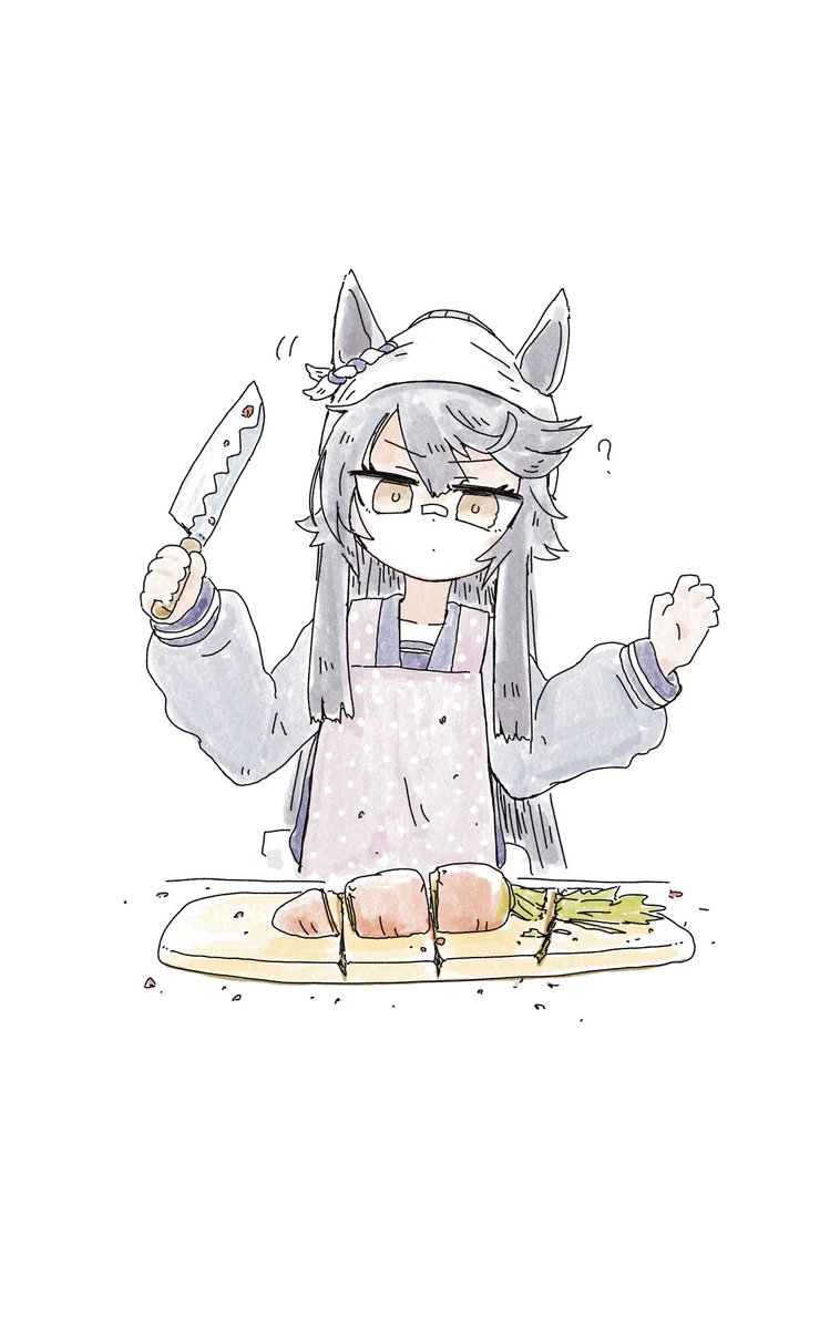 narita brian (umamusume) 1girl knife solo holding knife animal ears cutting board horse ears  illustration images