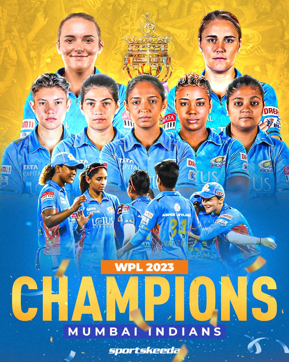 Sportskeeda's tweet photo. 𝐂𝐇𝐀𝐌𝐏𝐈𝐎𝐍𝐒! 🏆

MUMBAI INDIANS ARE INAUGURAL WPL CHAMPIONS! 🎉🔵

#MIvDC #WPL2023 #CricketTwitter https://t.co/48MEbBz2Nf