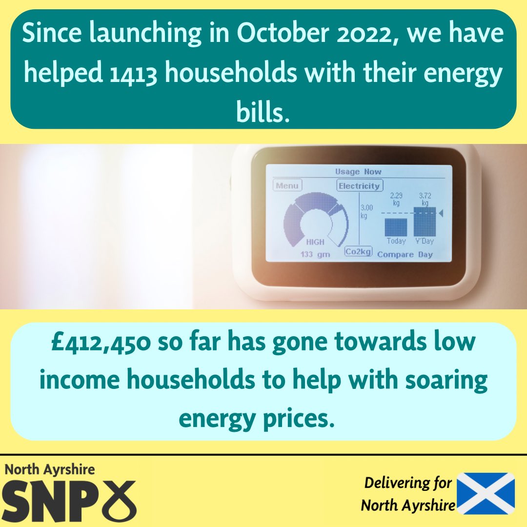 Scotland is an energy rich nation, yet we pay the highest energy prices in the U.K. 

The Energy Smart scheme was put in place to help low income households with their energy bills. 

#CostOfLivingCrisis 
#SNP
#DeliveringForNorthAyrshire 
#NorthAyrshire 
#ScottishIndependence