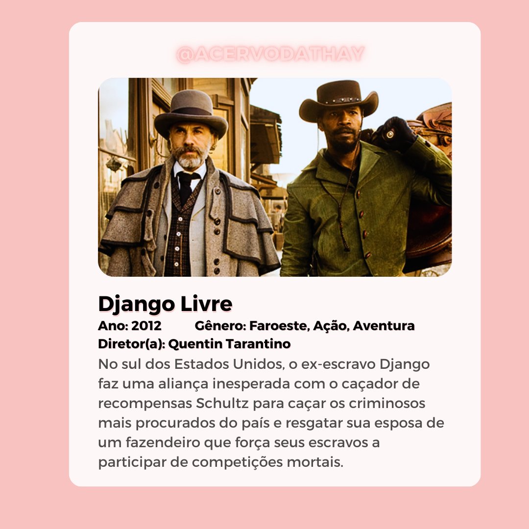 AcervodaThay's tweet photo. 🌟 Django Livre (2012) 🌟 
🌸 Formato: MP4 
🌸 Qualidade: 720p 
🌸 Tamanho do arquivo: 1,21gb
🌸 Áudio: Dublado PT-BR 
🌸 Legendas: Não. 
🌸 Tempo de duração: 165 minutos.
> link: https://t.co/P9AKBi9ffc
[@AcervodaThay]
| Django Livre Drive | https://t.co/j4AHeTP44B