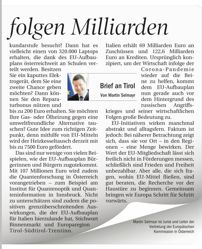 EUKommWien's tweet photo. Was bringt der EU-Aufbauplan Bürgerinnen & Bürger in den österreichischen 🇦🇹 Regionen?
#NextGenerarionEU 🇪🇺📈 #RFF
@MartinSelmayr hat dazu einen „Brief an Tirol“ @TTNachrichten verfasst. 👇 https://t.co/q5qhcQgeJX