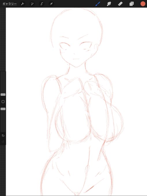 アタリ。

腰が助骨より奥側にあって微妙にひねってるポーズを描く。

骨盤の形が妄想しづらいポーズ。 